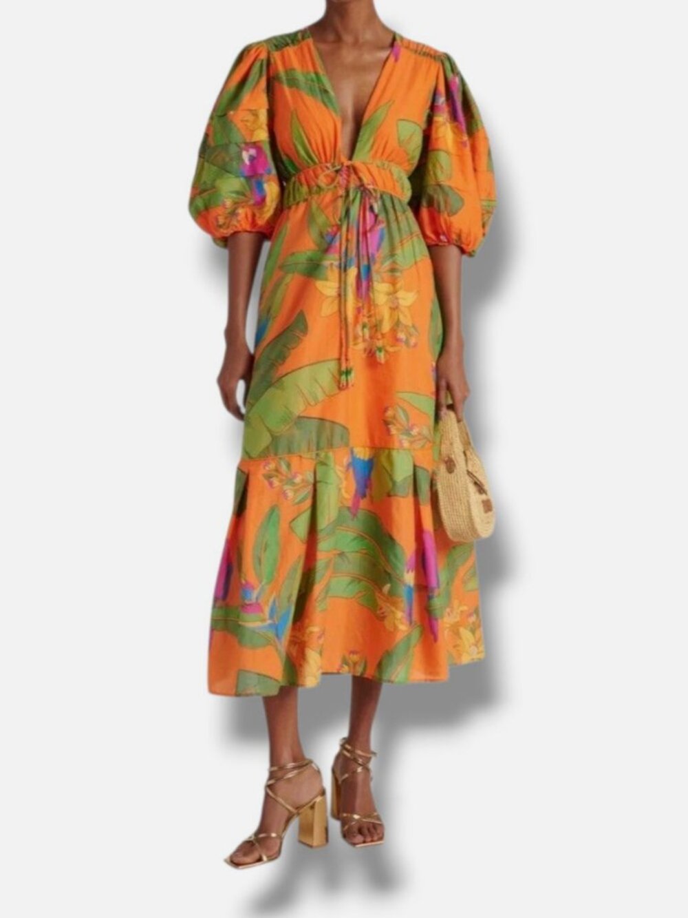 Farm Rio Women's Orange Green Fresh Macaws MIDI Dress Size XXS